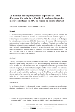 Le maintien des emplois pendant la p&eacute;riode de l&rsquo;&eacute;tat d&rsquo;urgence &agrave; la suite de la Covid-19 : analyse critique des mesures institu&eacute;es en RDC au regard du droit du travail